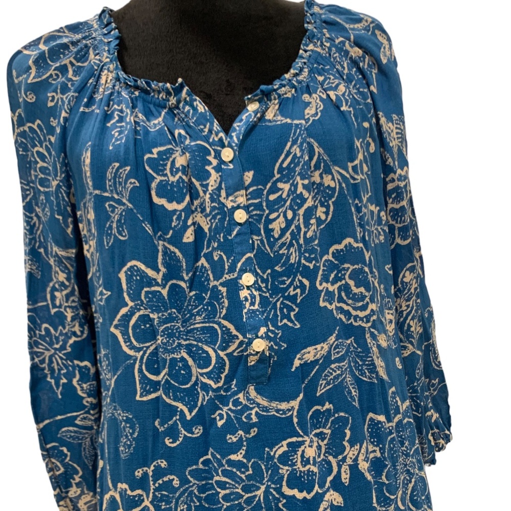 Lucky Brand Peasant BohoTeal Floral Blouse 3/4 sleeve Soft Pull Waist, Size-L